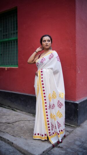 Cotton Chhapa Saree- Shimul