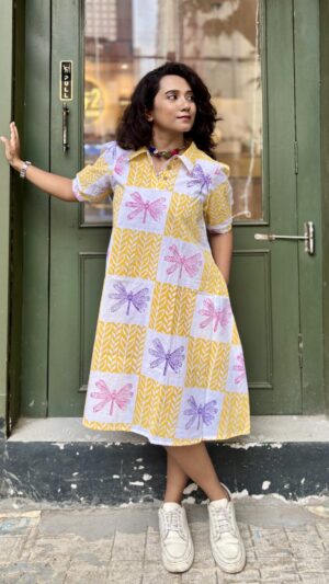 Dragonfly Pure Cotton Antifit Short Dress- Yellow