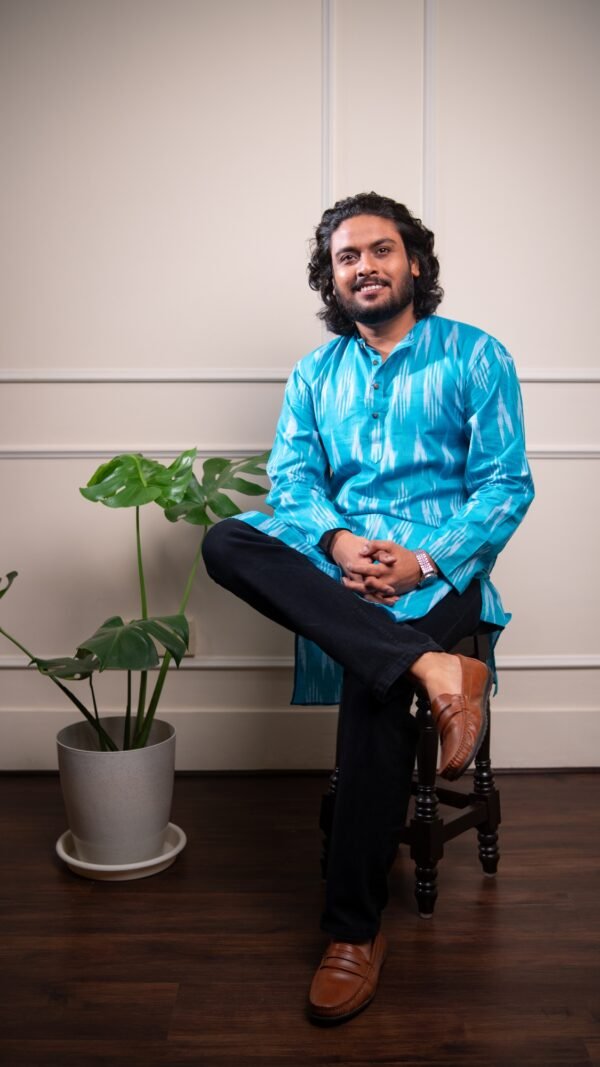 Cotton Ikat Long Kurta / Panjabi - Aqua