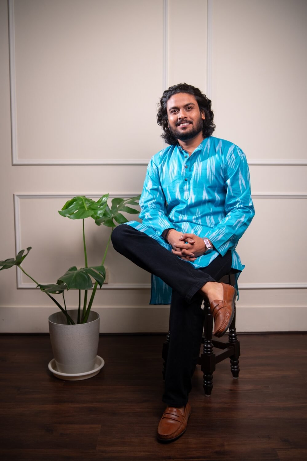 Cotton Ikat Long Kurta / Panjabi - Aqua