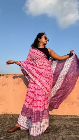 Pink Flamingo Pure Cotton Chhapa Saree