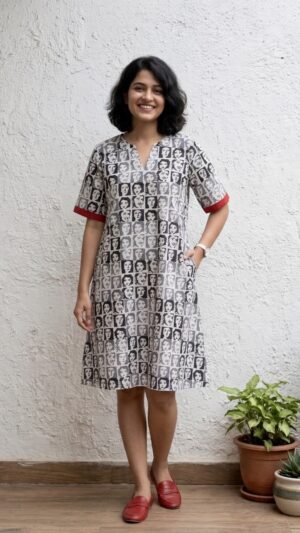 Black Faces Pure Cotton A-line Dress
