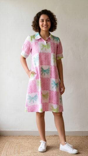 Dragonfly Pure Cotton Antifit Short Dress- Pink
