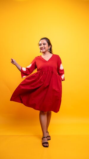 Tie Dye Pure Cotton Fit and Flare Dress- Crimson Red