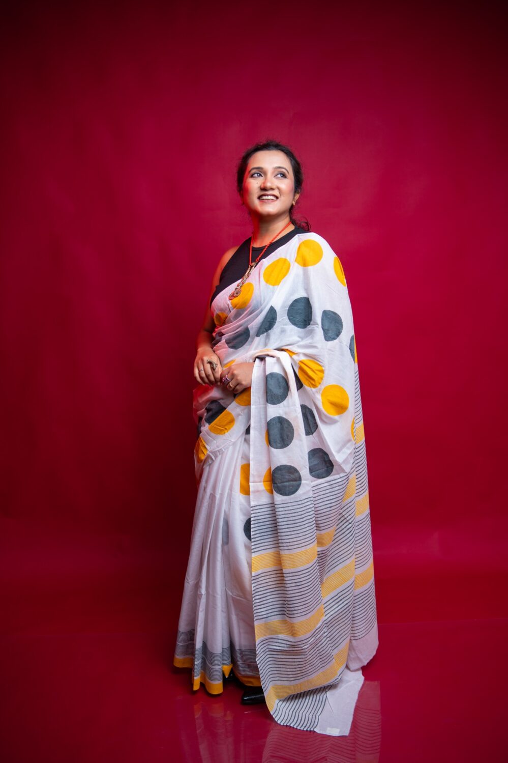 Grey Yellow Jumbo Polka Pure Cotton Chhapa Saree