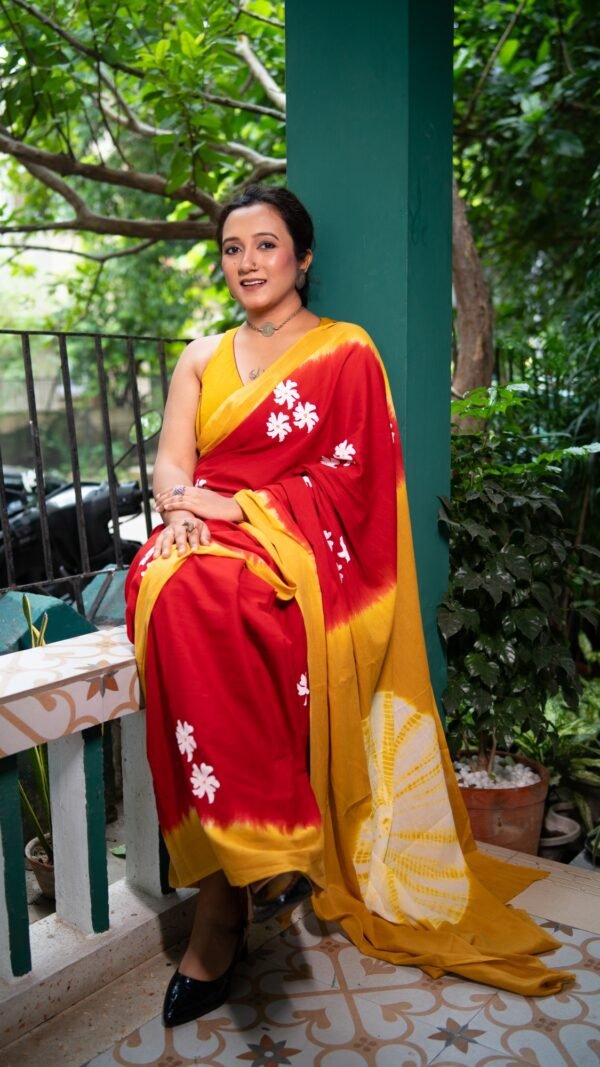Tie Dye Shiuli Chhapa Pujor Saree- Red