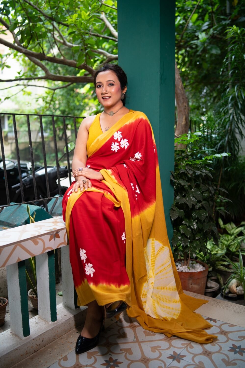 Tie Dye Shiuli Chhapa Pujor Saree- Red