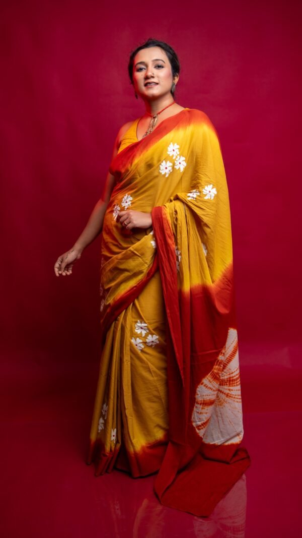 Tie Dye Shiuli Chhapa Pujor Saree- Yellow