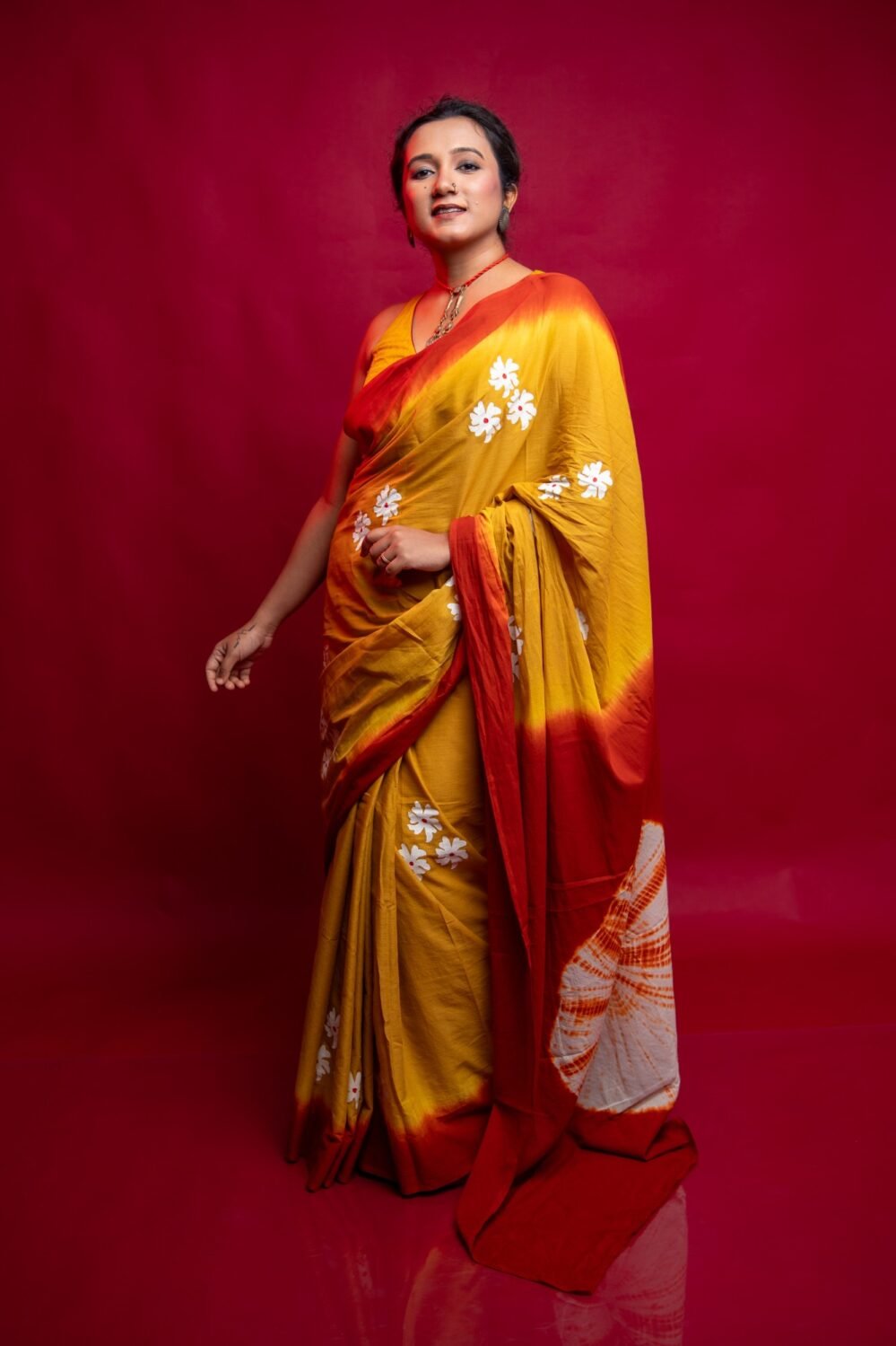 Tie Dye Shiuli Chhapa Pujor Saree- Yellow