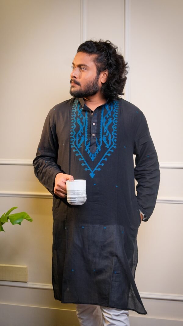 Handwoven Jamdani Kurta for Men- Black & Teal