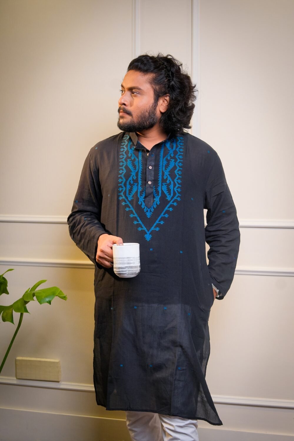 Handwoven Jamdani Kurta for Men- Black & Teal