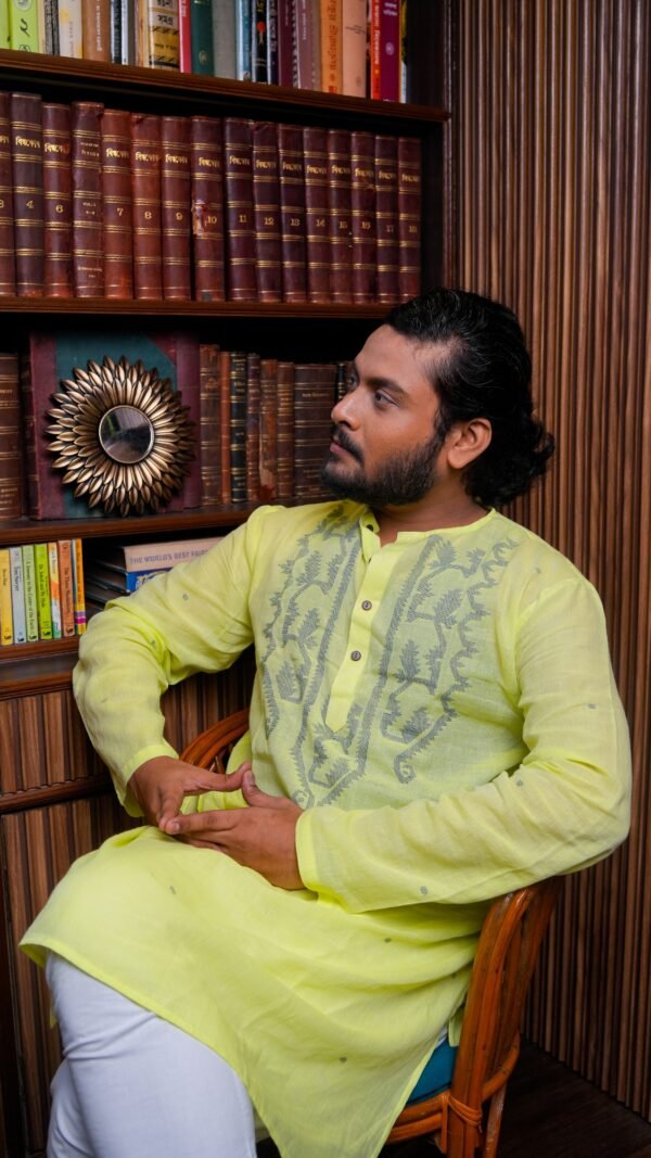 Handwoven Jamdani Kurta for Men- Lemon