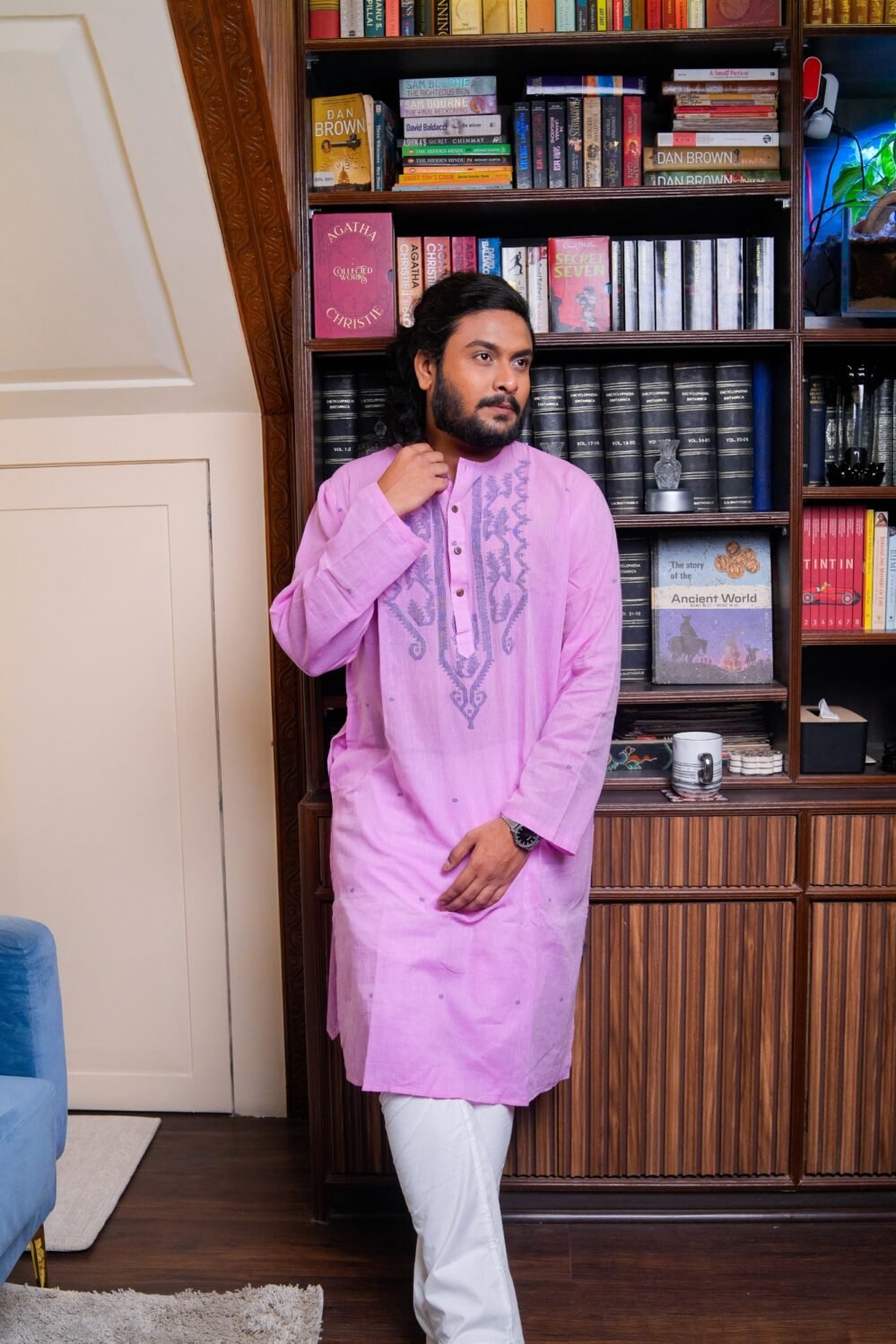 Handwoven Jamdani Kurta for Men- Pink