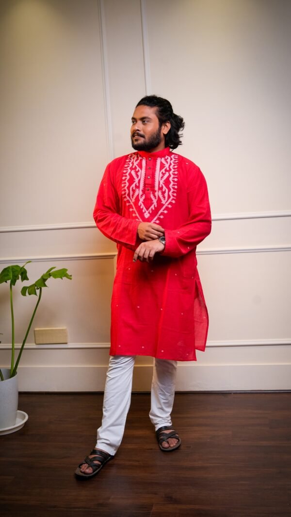 Handwoven Jamdani Kurta for Men- Red