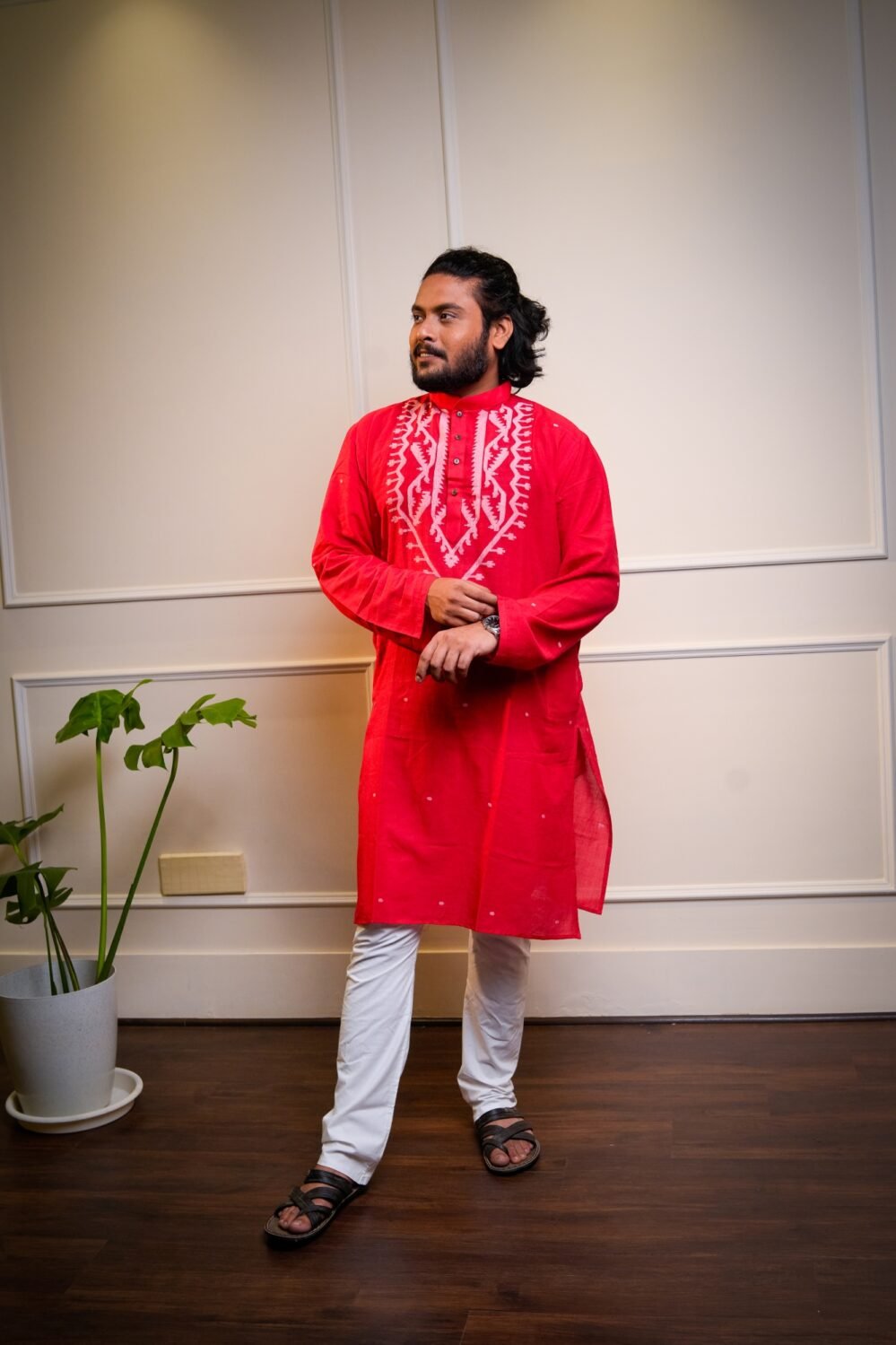 Handwoven Jamdani Kurta for Men- Red