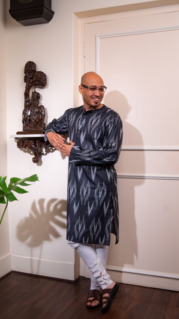Cotton Ikat Long Kurta / Panjabi - Black