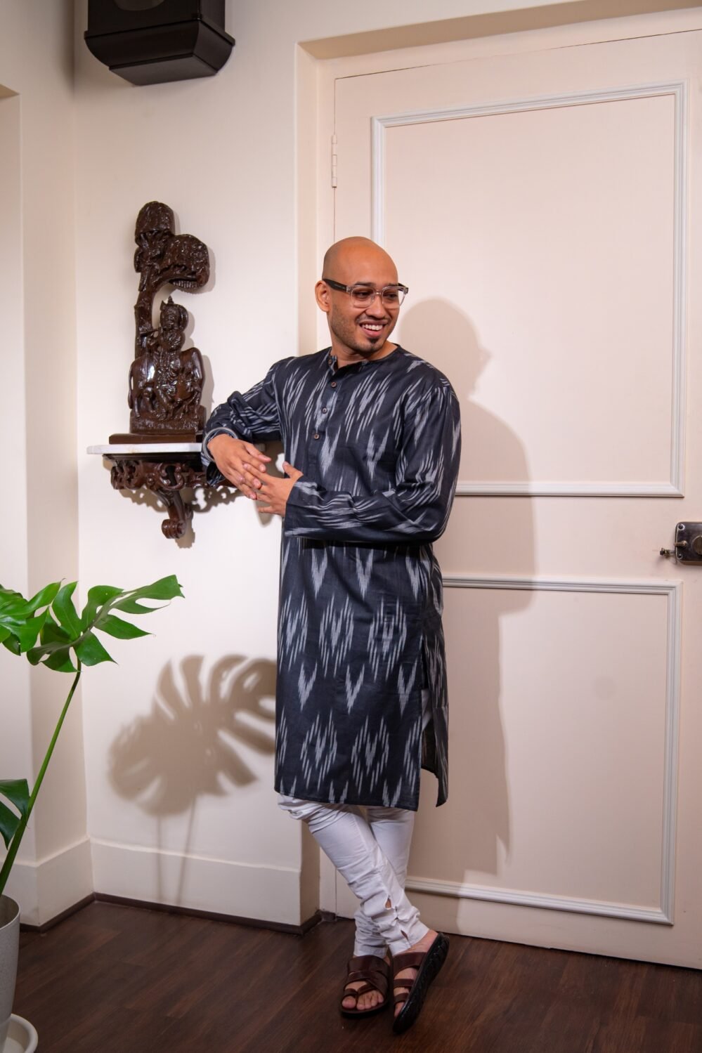 Cotton Ikat Long Kurta / Panjabi - Black
