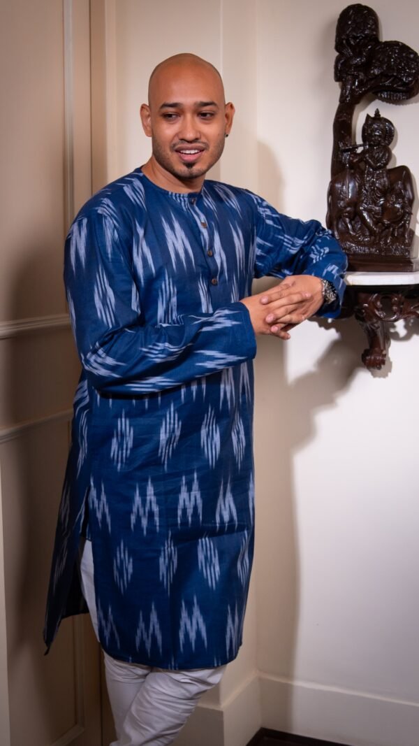 Cotton Ikat Long Kurta / Panjabi - Blue