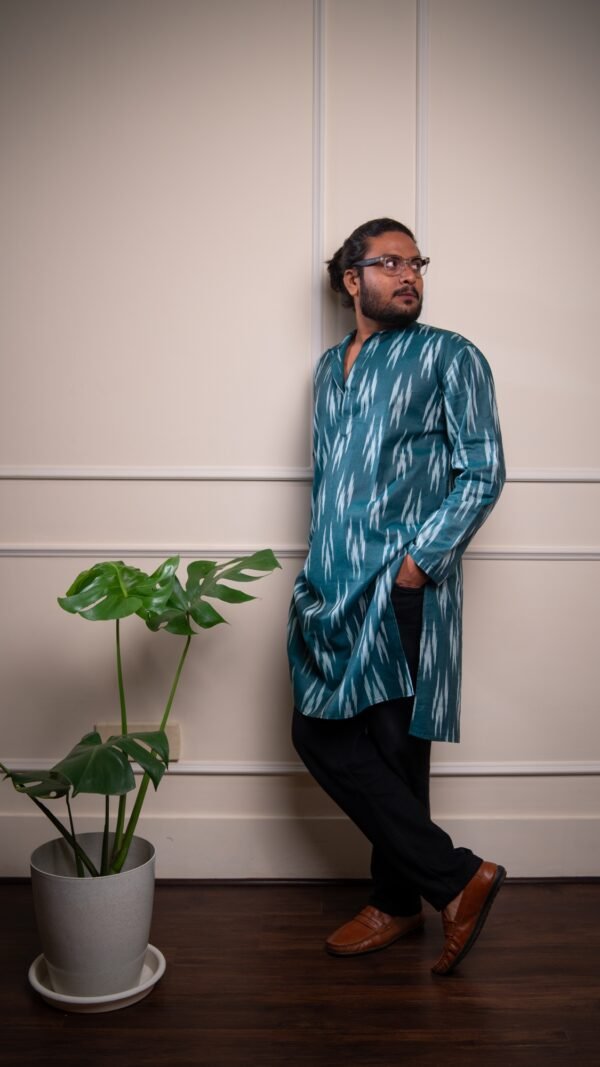 Cotton Ikat Long Kurta / Panjabi - Green