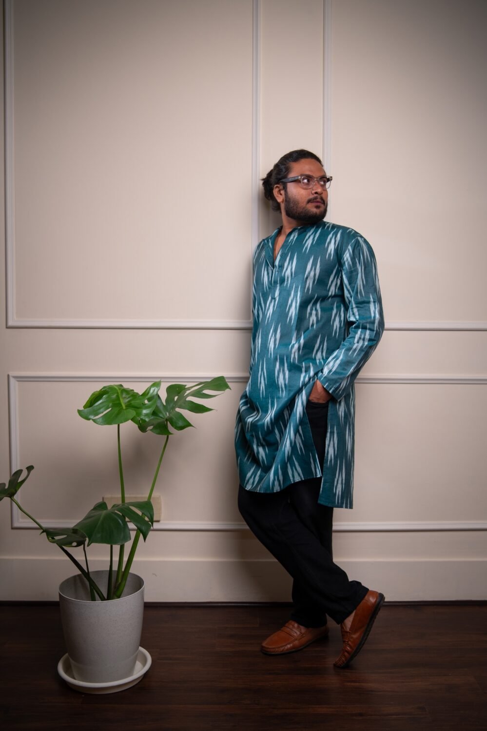Cotton Ikat Long Kurta / Panjabi - Green