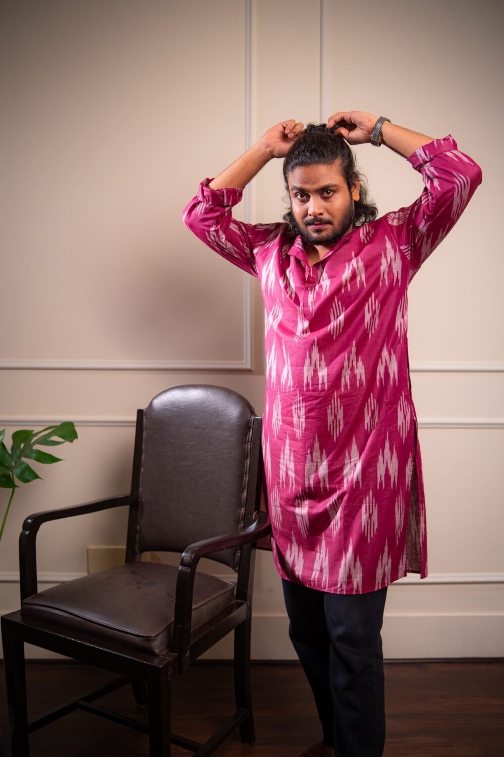 Cotton Ikat Long Kurta / Panjabi - Wine