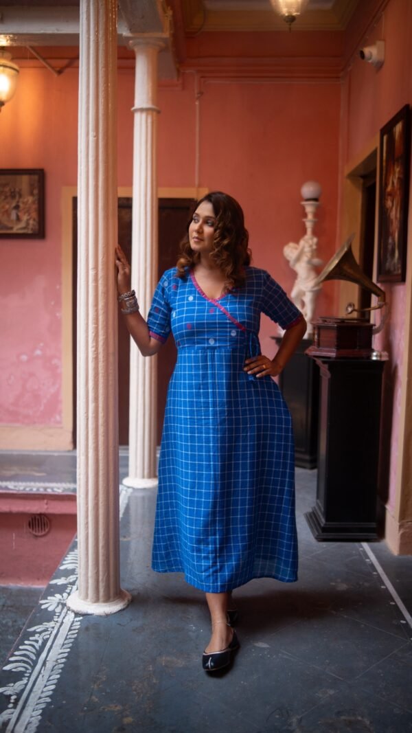 Pure Cotton Handwoven Jamdani Angrakha Dress- Blue
