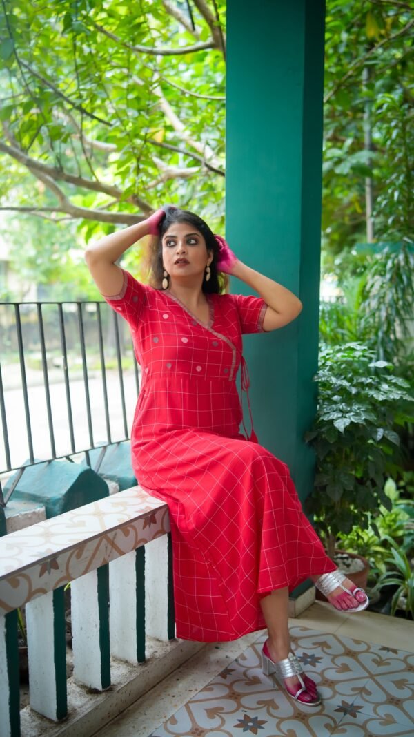 Pure Cotton Handwoven Jamdani Angrakha Dress- Red
