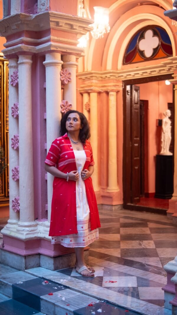 Pure Cotton Handwoven Jamdani Red Jacket Dress
