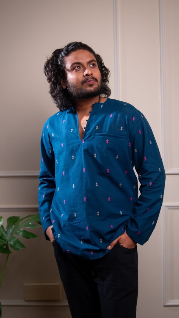 Jamdani Buta Pure Cotton Short Kurta- Blue