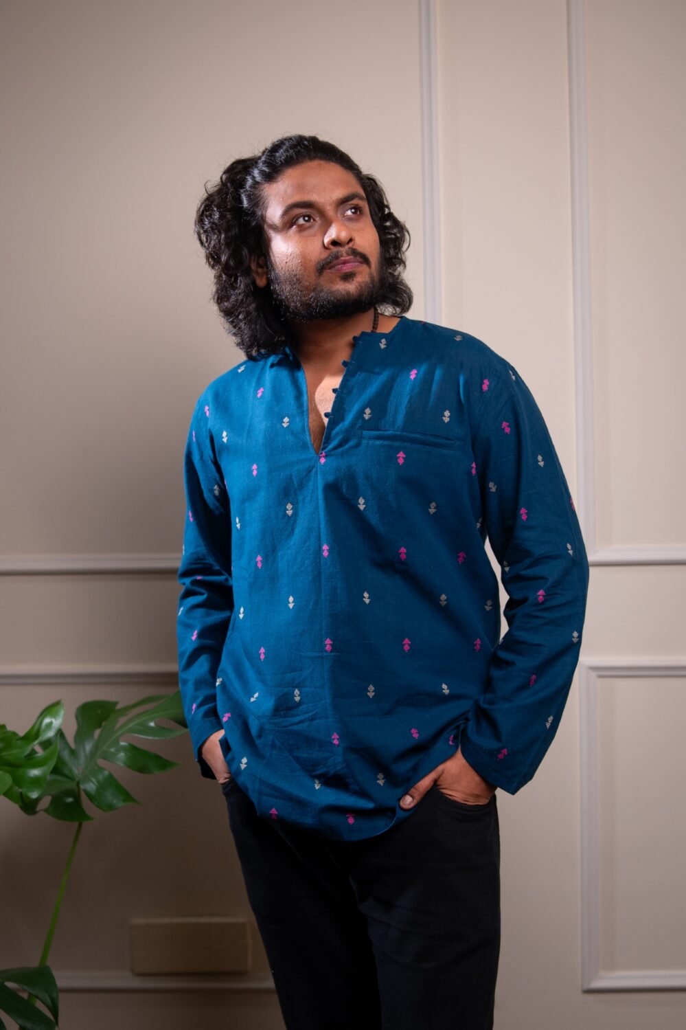 Jamdani Buta Pure Cotton Short Kurta- Blue
